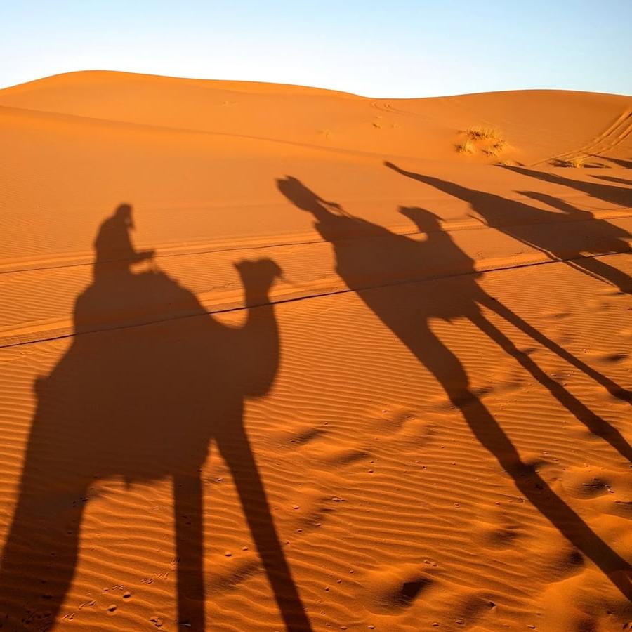 人们骑着骆驼穿过沙丘的剪影.